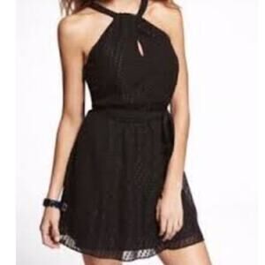 Express Metallic Halter Dress M Black Sparkle Fit Flare Belted Party Evening NEW